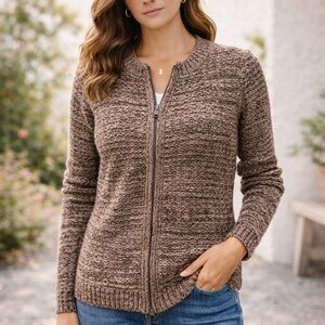 FDJ Brown Zip Cardigan XS Earth Tone Knit Lightweight Layer